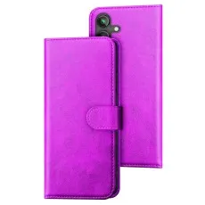 Pink leather wallet case for Samsung S26 with magnetic clasp and horizontal kickstand.