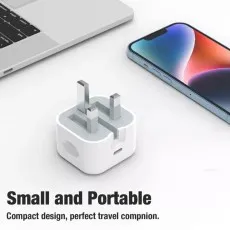 White Apple USB-C charger next to a laptop and iPhone with Small and Portable text.
