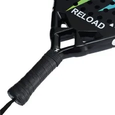 Padel racket with extended handle and synthetic leather wrist strap.