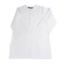 WWomen’s white eyelet boho blouse with 34 bell sleeves and a button-up front on a wooden hanger..