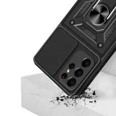 Samsung S23 Ring Case with Slide Camera Cover Heavy Duty Shockproof Protective Case Cover-Black