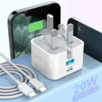 20W USB-C PD Fast Charger & Cable for iPhone 14, 15 - Dual Port QC 3.0 UK Plug