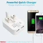 Dual USB Charger Plug 3-Pin Folding Mains 5V/2.1A Fast Charging Adapter