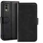 Premium Leather Wallet Case for Nokia C32 (6.5”) - Magnetic Flip Cover with Cash & Card Slots, Soft TPU Back - Black