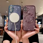 iPhone 16 Magnetic Glitter Case - Luxury Bling Clear Phone Cover with MagSafe Compatibility & Camera Protector for Women - Blue