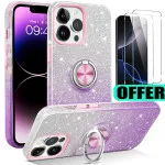 iPhone 16 Pro Glitter Ring Case with Tempered Glass Screen Protector | Slim Fit Purple Cover | UK