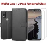 Leather Wallet Case For Nokia C21 Plus With 2 Pack Tempered Glass - Full Protection