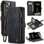 Zipper Wallet Case for iPhone 16 Pro Max with Kickstand, Flip Cover & Hand Strap - Black