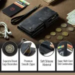 Zipper Wallet Case for iPhone 16 Pro Max with Kickstand, Flip Cover & Hand Strap - Black