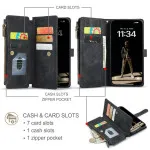 Zipper Wallet Case for iPhone 16 Pro Max with Kickstand, Flip Cover & Hand Strap - Black