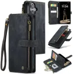 Zipper Wallet Case for iPhone 16 Pro Max with Kickstand, Flip Cover & Hand Strap - Black