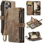iPhone 12 Pro Max Leather Wallet Case – Card Slots, Zipper Pocket & Kickstand