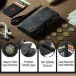 iPhone 12 Pro Max Leather Wallet Case – Card Slots, Zipper Pocket & Kickstand