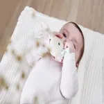 Kaloo Plush Rabbit Baby Rattle – Wooden Ring Toy with Gentle Squeaker, K216001