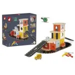 Janod Bolid Solid Wood Garage – Wooden Toy Car Garage with 3 Cars & Helicopter 2 Years+ UK J04636