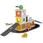 Janod Bolid Solid Wood Garage – Wooden Toy Car Garage with 3 Cars & Helicopter 2 Years+ UK J04636