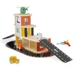 Janod Bolid Solid Wood Garage – Wooden Toy Car Garage with 3 Cars & Helicopter 2 Years+ UK J04636