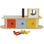 Janod Bolid Solid Wood Garage – Wooden Toy Car Garage with 3 Cars & Helicopter 2 Years+ UK J04636