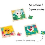 Janod Wooden Educational Puzzle | Animal Set with Hen, Cat & Rabbit for Toddlers