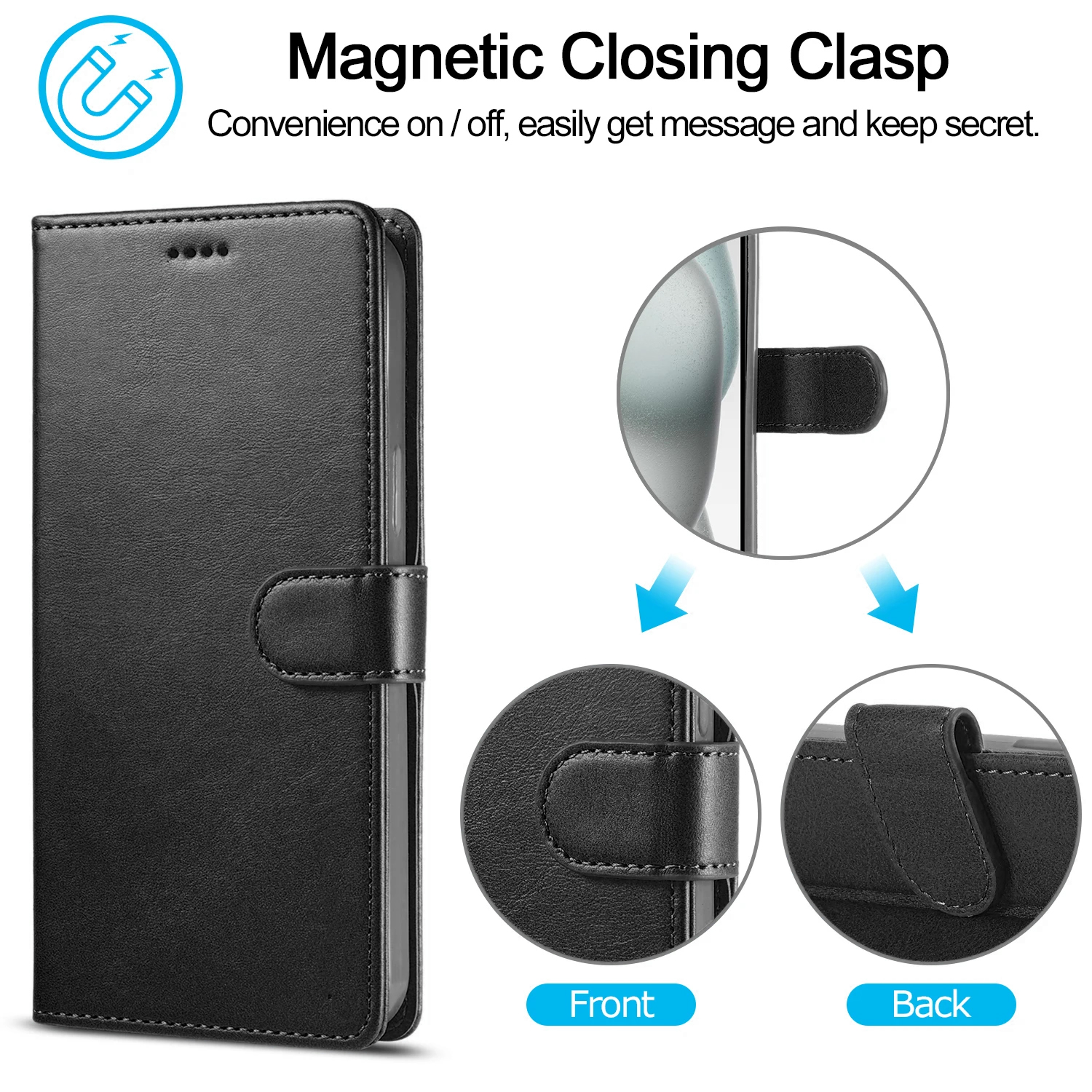 PU Leather Black Wallet Case For iPhone 16 Plus