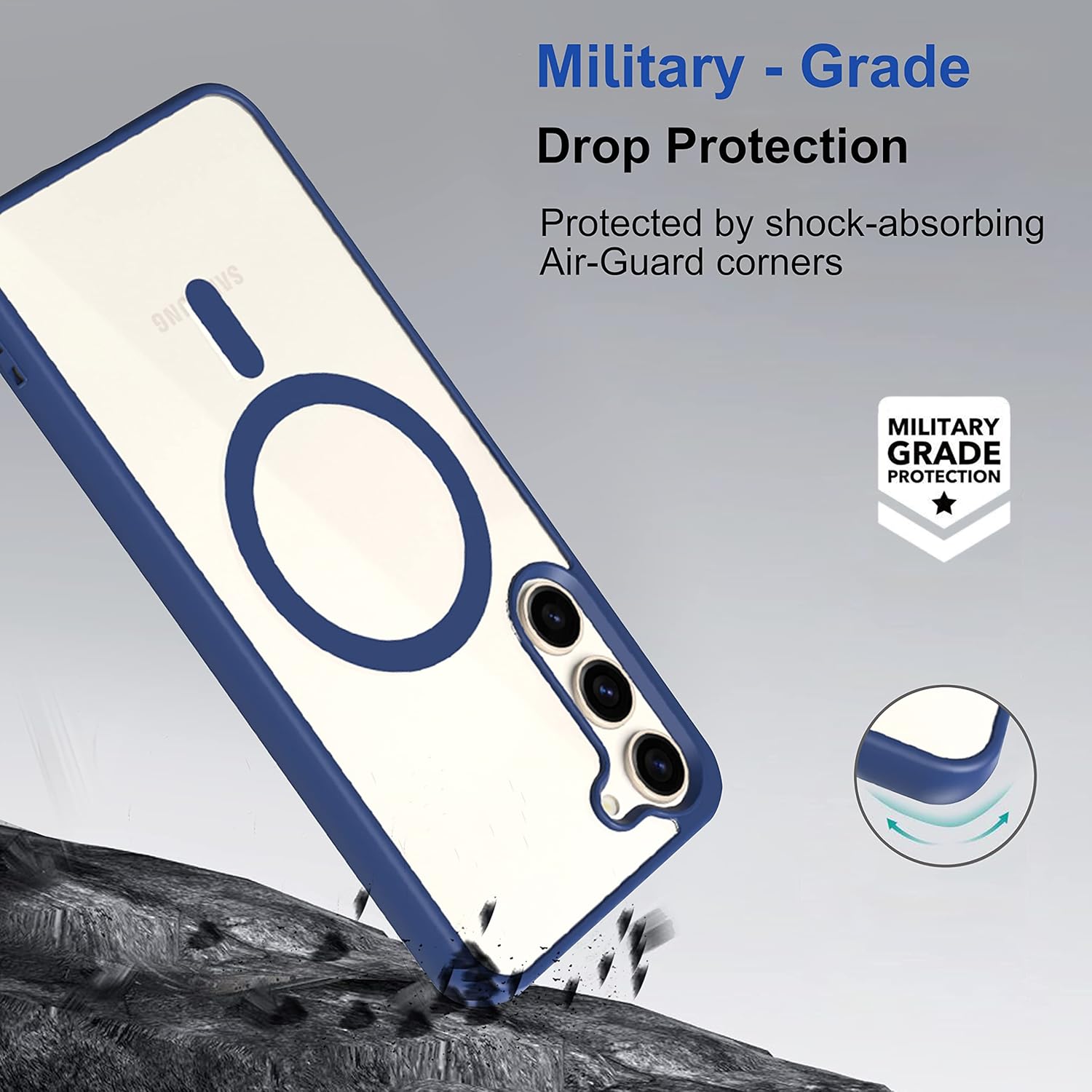 Navy blue case for Galaxy S23 with shock-absorbing protection.