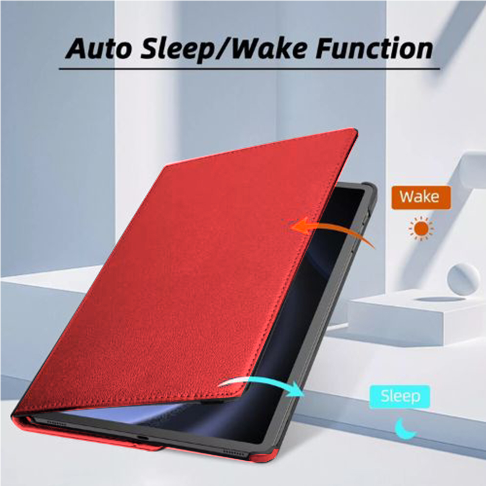 Flat lay showing red case with auto sleep/wake feature active.