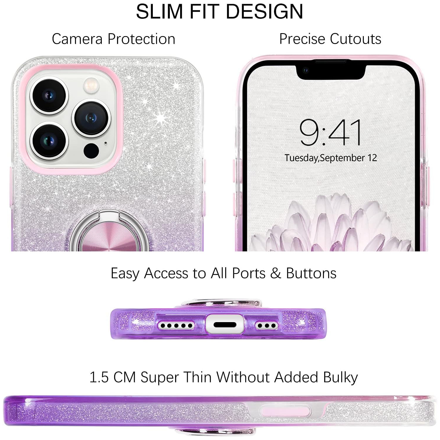 Purple glitter ring holder phone case for iPhone 16 Pro Max