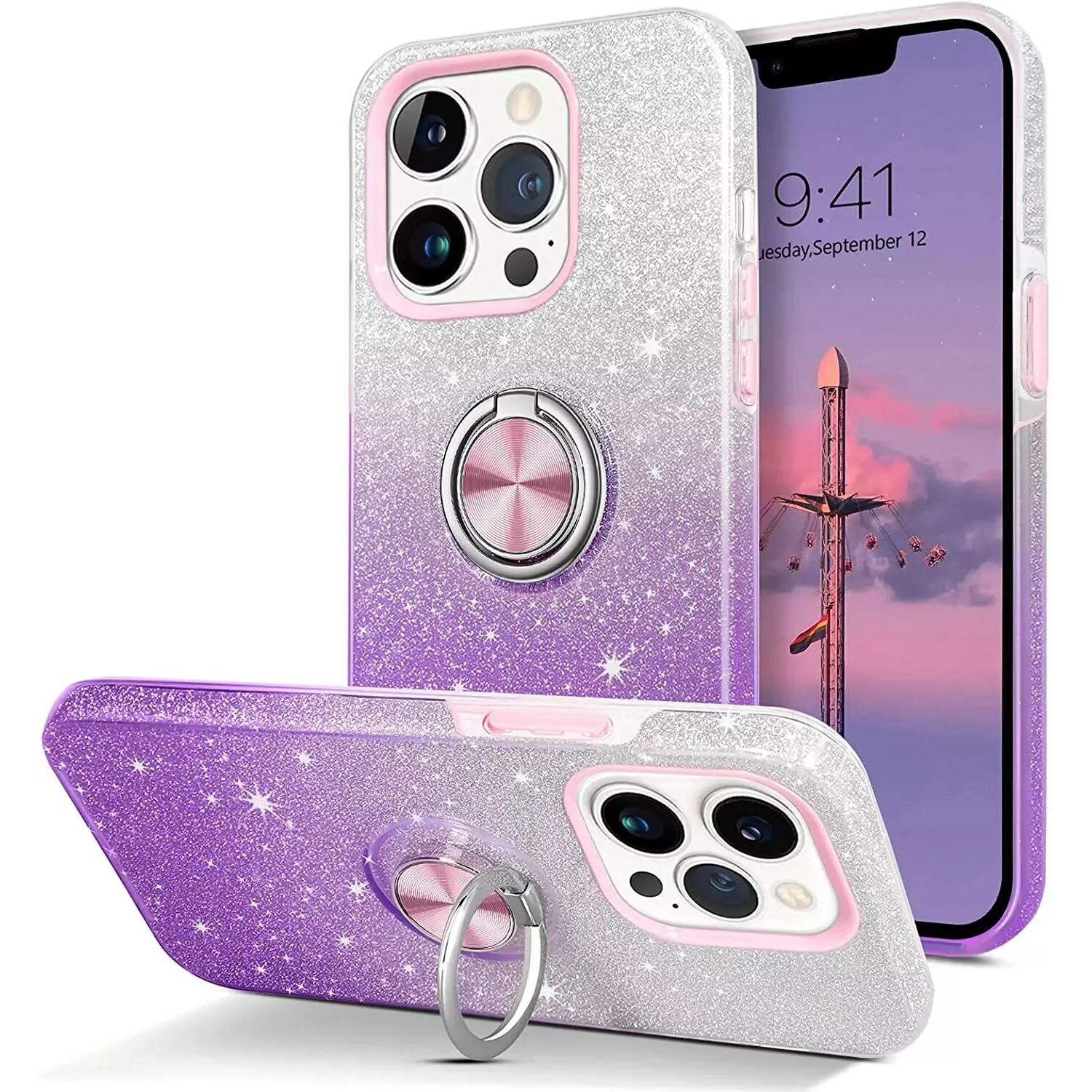 Purple glitter ring holder phone case for iPhone 16 Pro Max