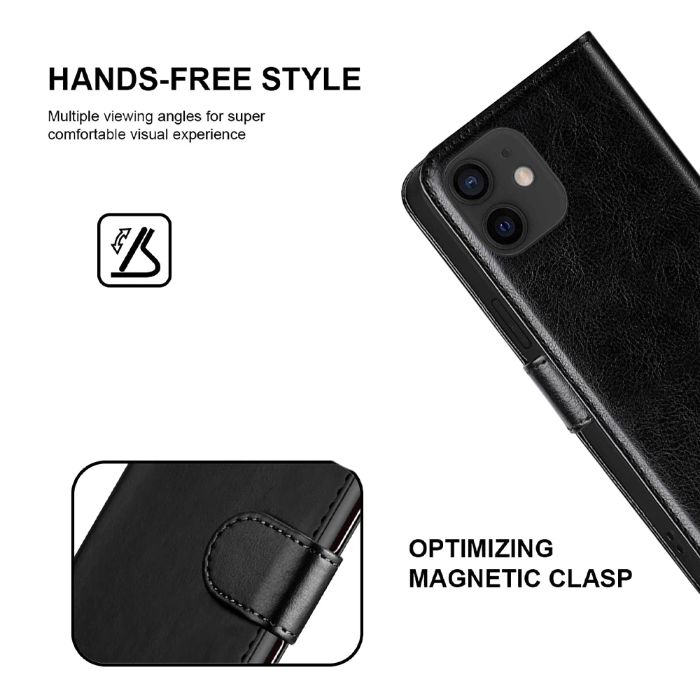 iPhone 12 Black Leather Wallet Case