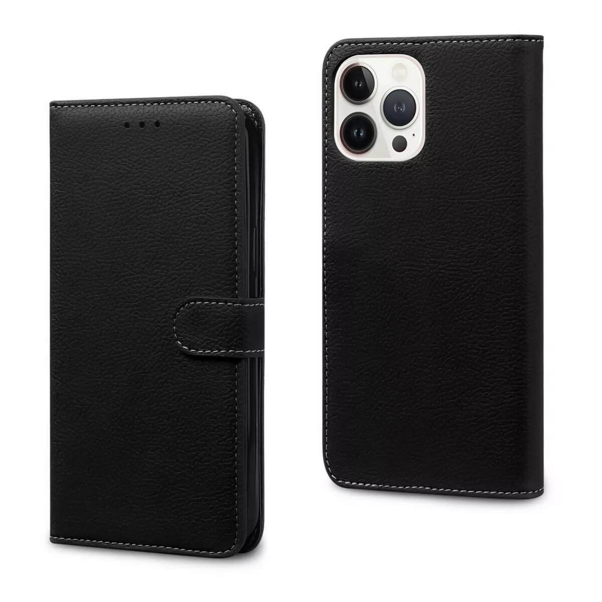 Leather wallet case for iphone 15 pro max black