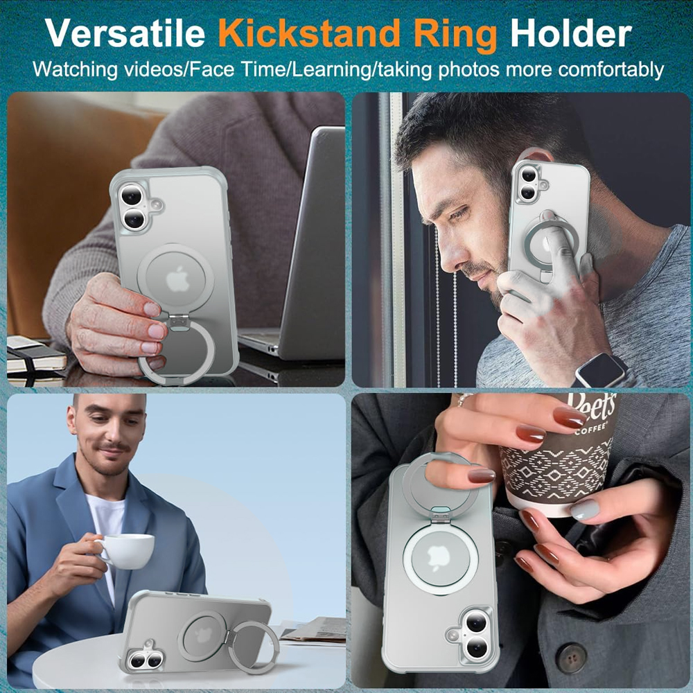 Ring holder on grey iPhone 16 case.