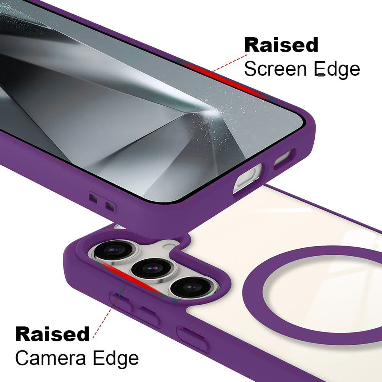 Purple case for Samsung Galaxy S24 FE showing shock-resistance and camera cutouts.