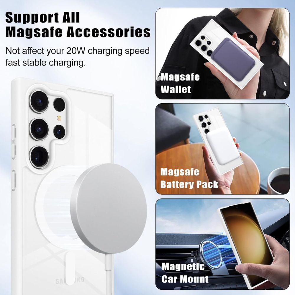 Elegant white MagSafe case for Samsung Galaxy S23 Ultra with wireless charging